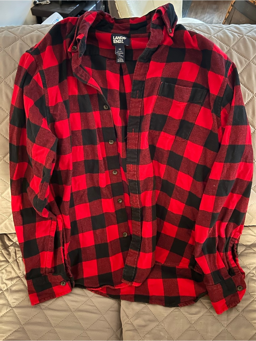 Lands' End Red and Black Buffalo Check Hooded Flannel Shirt